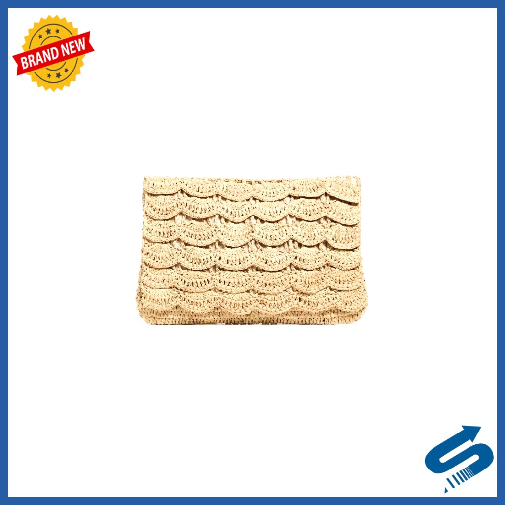 Raffia Straw Clutch Bag With Scalloped Crochet Design, Magnetic Closure